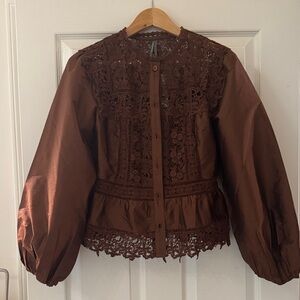 Anthropologie Brown Lace Button Down Shirt